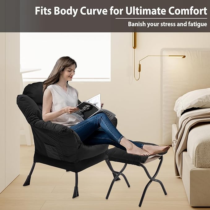 Lazy Chair with Folding Ottoman, Accent Chair Velvet Upholstered with Metal Structure and Non-Slip Pads, Sofa Armchair with Footrest and Side Storage Bag for Dorm, Room, Office, Black - LeafyLoom