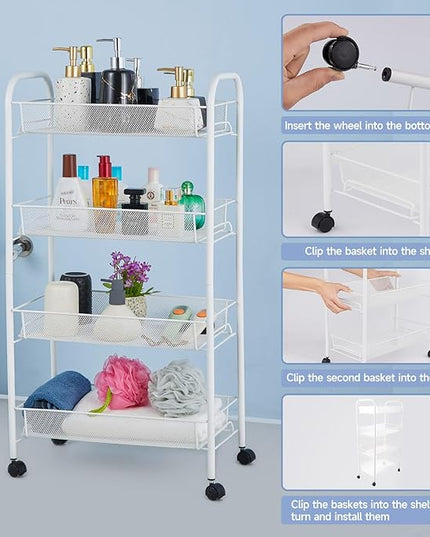 SUBMARINE 4 Tier Rolling Cart, Household Storage Rolling Cart, Rolling Carts with Wheels, Storage Shelves for Kitchens, Bathrooms, Bedrooms, Cabinets, Small Space Storage Cart - LeafyLoom