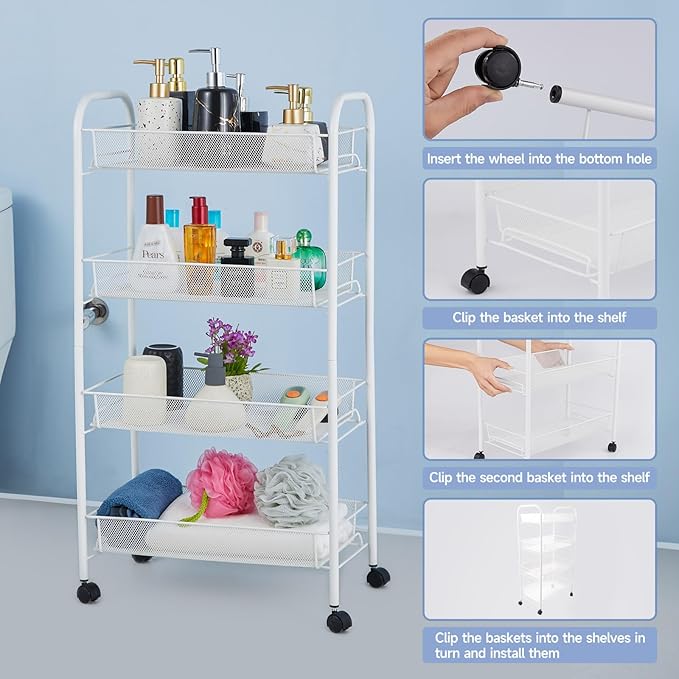 SUBMARINE 4 Tier Rolling Cart, Household Storage Rolling Cart, Rolling Carts with Wheels, Storage Shelves for Kitchens, Bathrooms, Bedrooms, Cabinets, Small Space Storage Cart - LeafyLoom