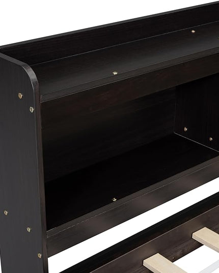 Twin Size Daybed with Storage Drawers and L-Shaped Bookcase Headboard, Solid Wood Captains Day Bed for Bedroom Living Room Guestroom, No Box Spring Needed, Espresso - LeafyLoom