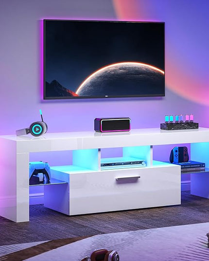 Clikuutory White LED TV Stand with Large Storage Drawer for 32 40 50 55 Inch TVs, Modern High gloss TV Console Table with Entertainment Center for Living Room, Bedroom, White - LeafyLoom