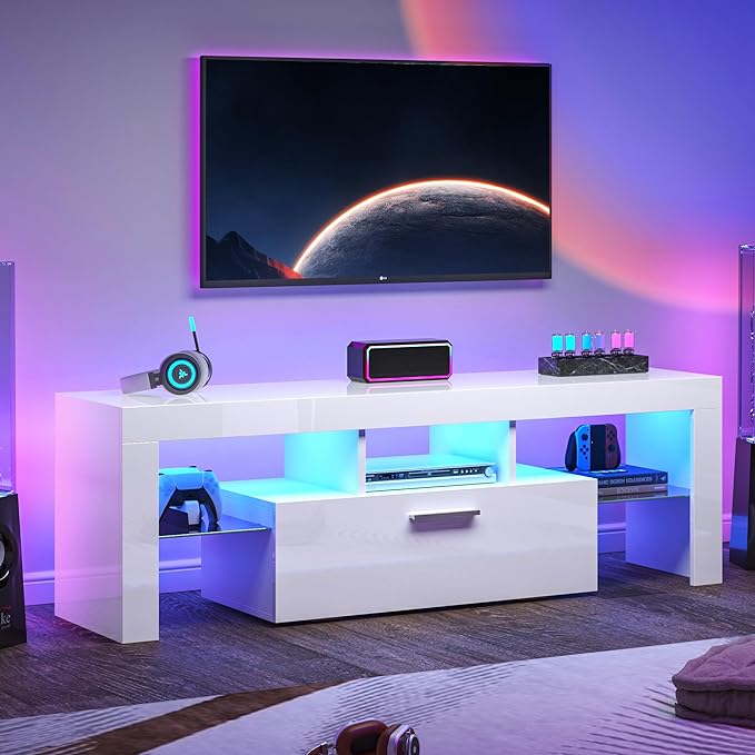 Clikuutory White LED TV Stand with Large Storage Drawer for 32 40 50 55 Inch TVs, Modern High gloss TV Console Table with Entertainment Center for Living Room, Bedroom, White - LeafyLoom