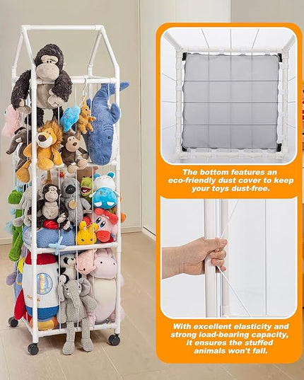 Stuffed Animal Zoo Storage, Extra Large Stuffed Animal Holder with Dust Cloth and Universal Wheels, Toy Storage Organizer, Plush Storage Organizer Shelf for Birthday Gift, Nursery Play Room Bedroom - LeafyLoom