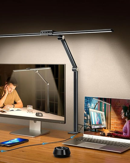 LED Desk Lamp with Clamp for Home Office, 24W Ultra Bright 7 Stepless Dimming/5 Color Modes/Timer, Architect Modern Table Lamp with Touch and Remote Control USB Charging Port for Study Reading - LeafyLoom