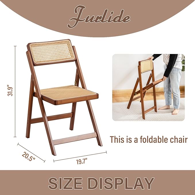 Rattan Folding Chair, Modern Mid Century Dining Chairs Set of 1, Comfy Outdoor Bamboo Chairs for Bedroom Living Room Reading Room Dining Kitchen, Walnut - LeafyLoom
