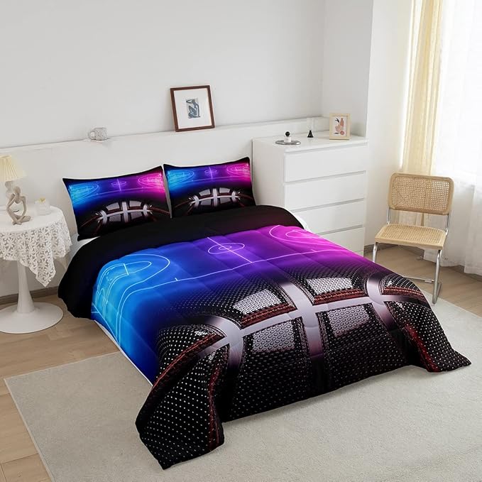 Erosebridal Sports Basketball Queen Comforter Set for Teen Boys Girls Neon Basketball Court Bedding Set,Ball Competitive Games Comforter Soft Lightweight Quilt Duvet Set 2 Pillow Cases Bedroom Decor - LeafyLoom