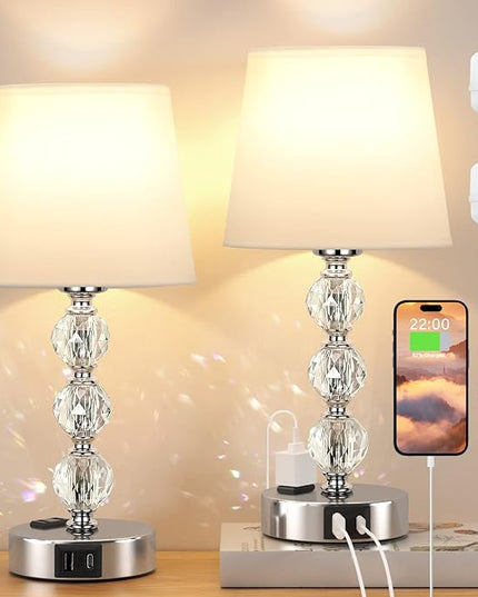 Bedside Lamps for Bedrooms Set of 2 - Crystal Nightstand Bedroom Lamp with Two USB Charging Port, 3 Way Dimmable Touch Small Bed Side Table Lamp, Silver Night Stand Light for Living/Guest/Dinning Room - LeafyLoom