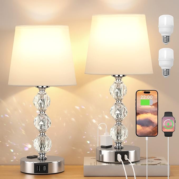 Bedside Lamps for Bedrooms Set of 2 - Crystal Nightstand Bedroom Lamp with Two USB Charging Port, 3 Way Dimmable Touch Small Bed Side Table Lamp, Silver Night Stand Light for Living/Guest/Dinning Room - LeafyLoom