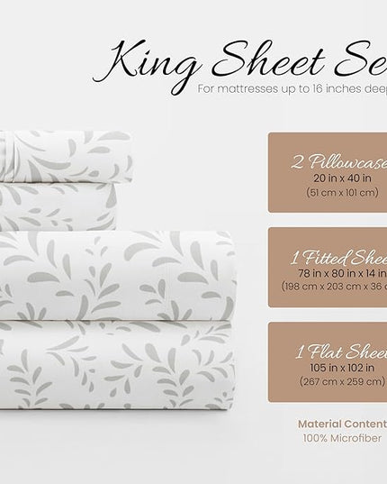 Linen Market 4 Piece King Size Sheets (Gray Vines) - Sleep Better Than Ever with These Ultra-Soft & Cooling King Sheets for Your King Size Bed - Deep Pocket Fits 16" Mattress - LeafyLoom
