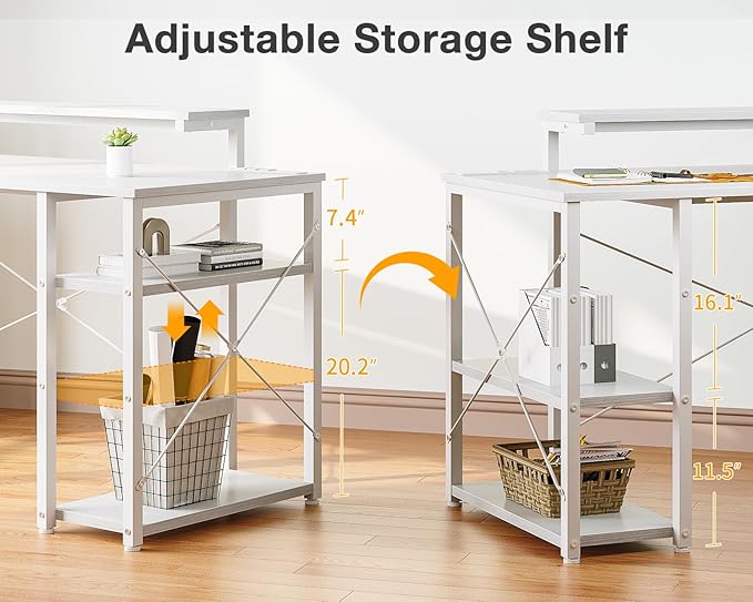 MOTPK White Desk with Led Lights & Power Outlet, 47 Inch Computer Desk with Shelves, Reversible Kids Desk with Adjustable Monitor Stand & Headphone Hook, Work Desk for Home Office - LeafyLoom