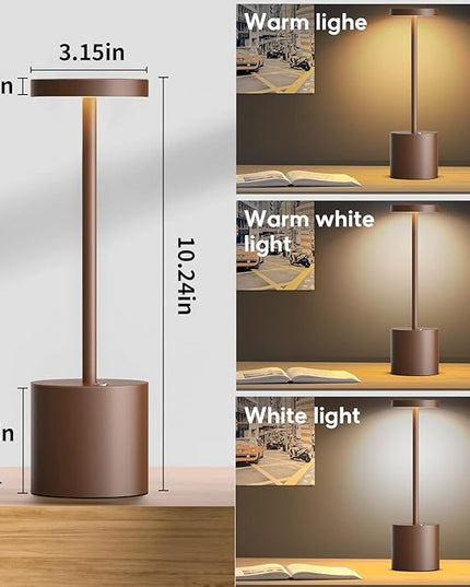 Cordless Table Lamp Rechargeable, 10.25in Portable Battery Operated Powered Desk Lamps 3 Colors Stepless Dimmable Night Lights for Outdoor Dining Restaurant Bar Garden Patio Living Room-Moka - LeafyLoom
