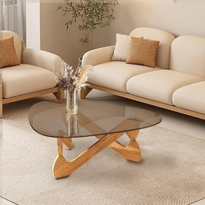 Triangle Coffee Table Glass Coffee Table for Living Room Clear Glass Coffee Table with Solid Wood Base Mid Century Modern Coffee Table for Small Spaces (Wood-Brown, 32.3in) - LeafyLoom
