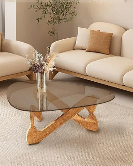 Triangle Coffee Table Glass Coffee Table for Living Room Clear Glass Coffee Table with Solid Wood Base Mid Century Modern Coffee Table for Small Spaces (Wood-Brown, 44.9in) - LeafyLoom