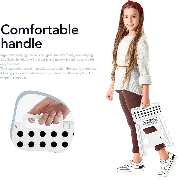 Delxo 13" Folding Step Stool for Kids and Adults, Non-Slip Foldable Step Stools with Handle,Plastic Portable Folding Stool for Bathroom,Bedroom,Kitchen,Hold up to 300lbs White - LeafyLoom