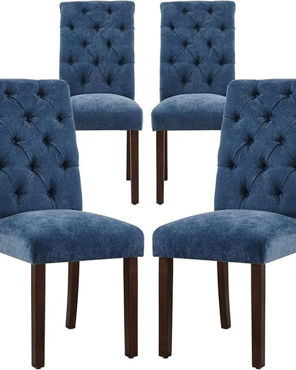 COLAMY Button Tufted Dining Chairs Set of 4, Parsons Upholstered Fabric Dining Room Chairs Kitchen Chairs with Wood Legs and Padded Seat, Blue - LeafyLoom