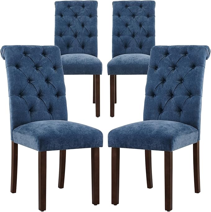 COLAMY Button Tufted Dining Chairs Set of 4, Parsons Upholstered Fabric Dining Room Chairs Kitchen Chairs with Wood Legs and Padded Seat, Blue - LeafyLoom