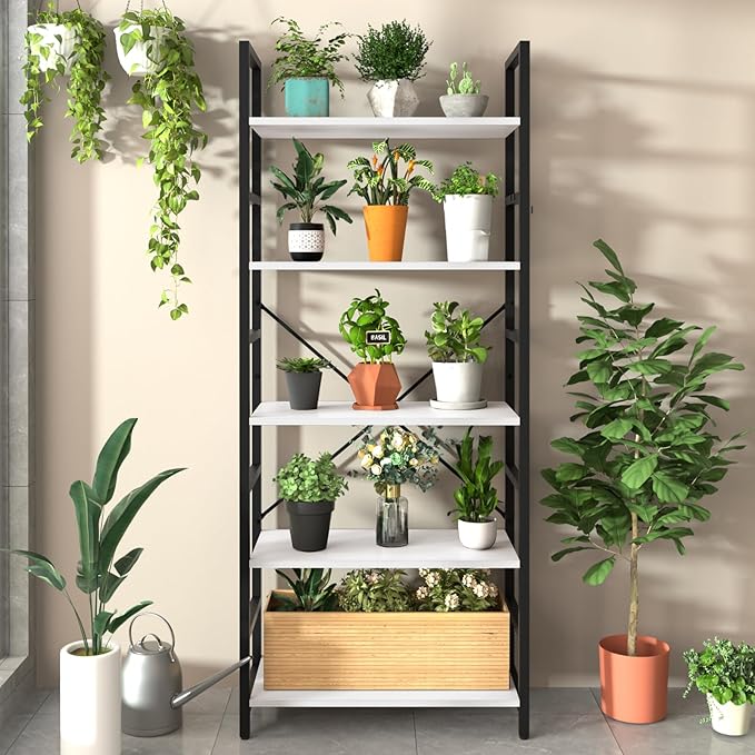 Yoobure 5 Tier Bookshelf - Tall Book Shelf Modern Bookcase for CDs/Movies/Books, Rustic Book Case Industrial Bookshelves Book Storage Organizer for Bedroom Home Office Living Room White - LeafyLoom
