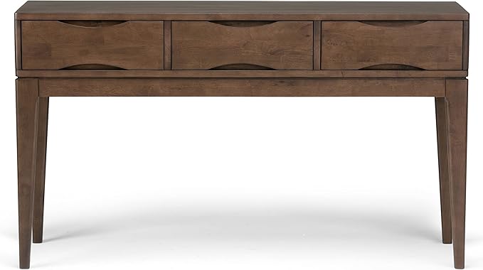 SIMPLIHOME Harper SOLID WOOD 54 inch Wide Mid Century Modern Console Sofa Entryway Table in Walnut Brown with Storage, 3 Drawers , for the Living Room, Entryway and Bedroom - LeafyLoom