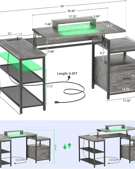 Aheaplus L Shaped Desk with Power Outlet, Standing Home Office Desk with Lift Top and File Drawer, 63'' Corner Computer Desk with Monitor Stand&Printer Shelves, Gaming Desk with Led Lights, Grey Oak - LeafyLoom
