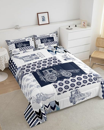 Kids Construction Comforter Set Full Size Equipment Trucks Bedding Set for Boys Cartoon Car Excavator Tractor Comforter Construction Vehicles Plaid Grid Blue and White Duvet Set - LeafyLoom