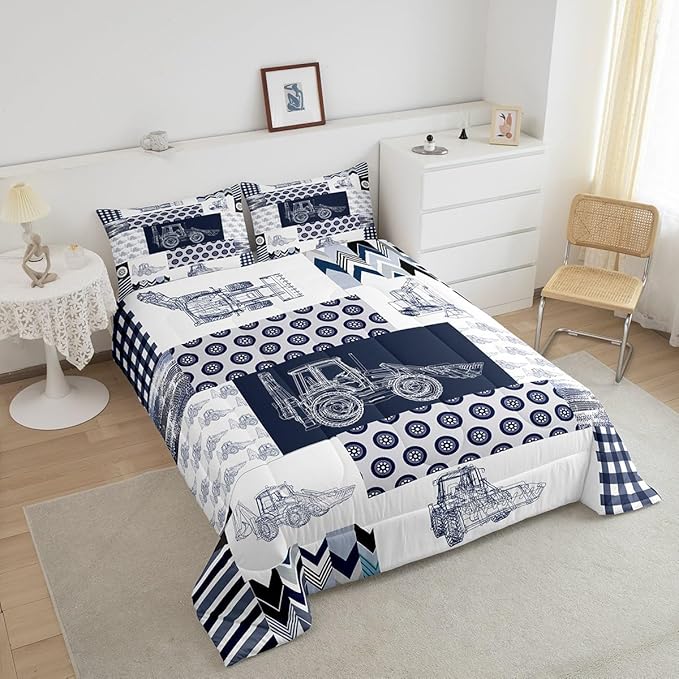 Kids Construction Comforter Set Full Size Equipment Trucks Bedding Set for Boys Cartoon Car Excavator Tractor Comforter Construction Vehicles Plaid Grid Blue and White Duvet Set - LeafyLoom