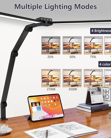 KableRika Desk Lamp,Double Head Desk Lamp with Clamp,24W Led Desk Lights for Home Office Ultra Bright Architect Table Lamp 4 Brightness 4 Color,Auto Dimming Task Lamp for Monitor Work Study - LeafyLoom