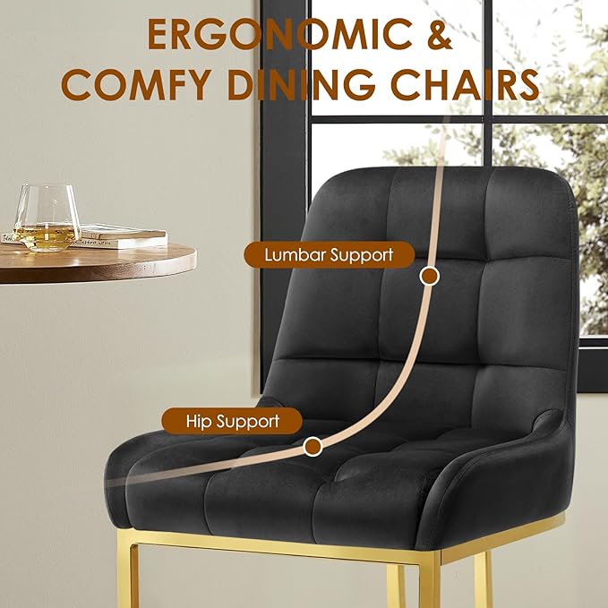 STARY Upholstered Velvet Armless Dining Room Chairs with Gold Metal Legs for Kitchen Restaurant, Black- Set of 4 - LeafyLoom