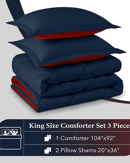 downluxe King Size Comforter Set - Red and Navy King Comforter, Soft Bedding Sets for All Seasons -3 Pieces - 1 Comforter (104"x92") and 2 Pillow Shams(20"x36") - LeafyLoom