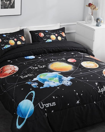 Outer Space Bedding Set King Solar System Comforter Set 3 Pieces 1 Space Comforter Twin and 2 Pillow Cases for Boys Girls Kids Ultra-Soft Microfiber All Seasons for Bedroom Sofa - LeafyLoom
