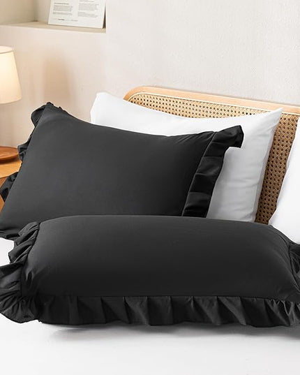 JANZAA King Comforter Set, 3PCS Black Ruffled Bedding with 2 Pillowcases, Shabby Chic Vintage Style, All Seasons Polyester Brushed Microfiber Bed Comforter Set - LeafyLoom