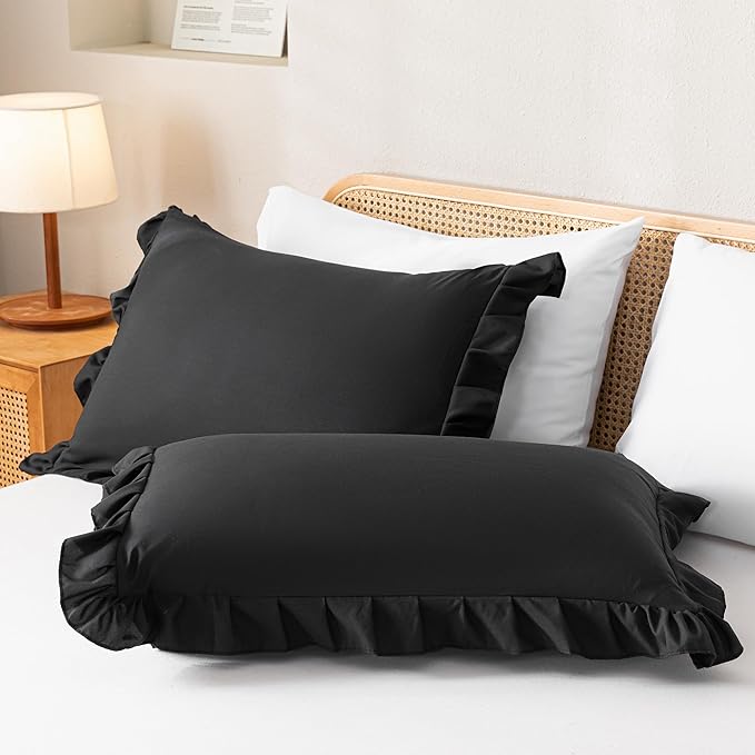 JANZAA King Comforter Set, 3PCS Black Ruffled Bedding with 2 Pillowcases, Shabby Chic Vintage Style, All Seasons Polyester Brushed Microfiber Bed Comforter Set - LeafyLoom