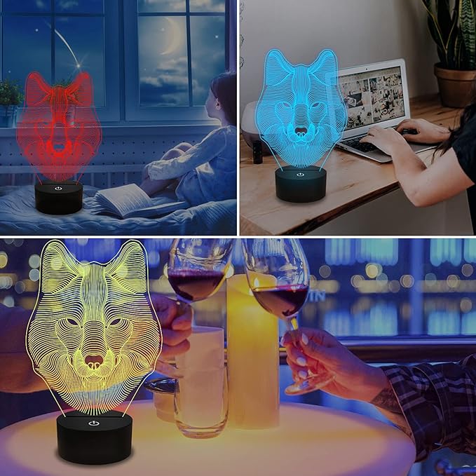 FULLOSUN 3D Wolf Night Light, Optical Illusion Lamp for Home Decor & Co-Sleeping,Remote Controller with 16 Color Changing Birthday Gifts for Kids, Boys & Men - LeafyLoom