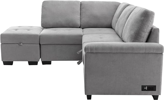 Convertible Sleeper Sectional Sofa with Pull Out Bed and Movable Ottoman, L Shaped Reversible Couch with Hidden Arm Storage & USB Charge, 4 Seat Corner Sofa&Couches for Living Room, Gray 87.4" - LeafyLoom