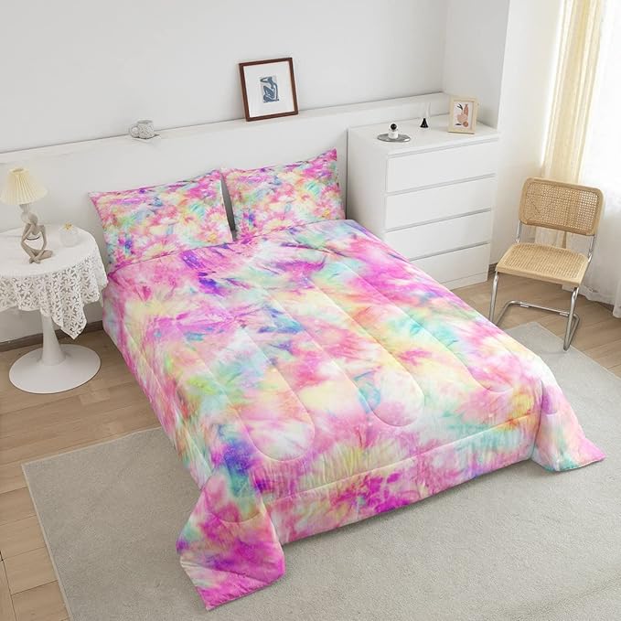 Erosebridal Kids Tie Dye Comforter Set, Bohemian Batik Down Comforter Queen Size, Boho Psychedelic Bedding Comforters for Children Girls Boys Teens Bedroom, Trippy Tattoo Watercolor Quilted Duvet - LeafyLoom