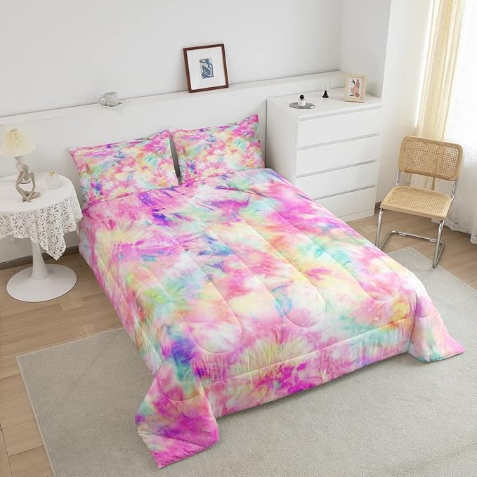 Erosebridal Kids Tie Dye Comforter Set, Bohemian Batik Down Comforter Full Size, Boho Psychedelic Bedding Comforters for Children Girls Boys Teens Bedroom, Trippy Tattoo Watercolor Quilted Duvet - LeafyLoom