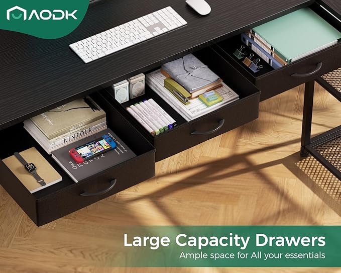 AODK 53 Inch L Shaped Computer Desk with Drawers, Corner Desk with Power Outlets & Reversible Storage Shelves, Movable CPU Stand for Home Office Gaming, Black - LeafyLoom