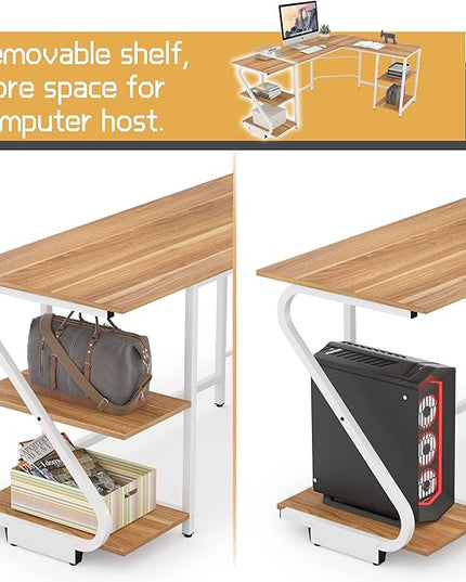 L Shaped Desk Reversible, Corner Computer L Desk with Storage Shelves, Modern Gaming Desk Workstation for Home Office, Walnut - LeafyLoom