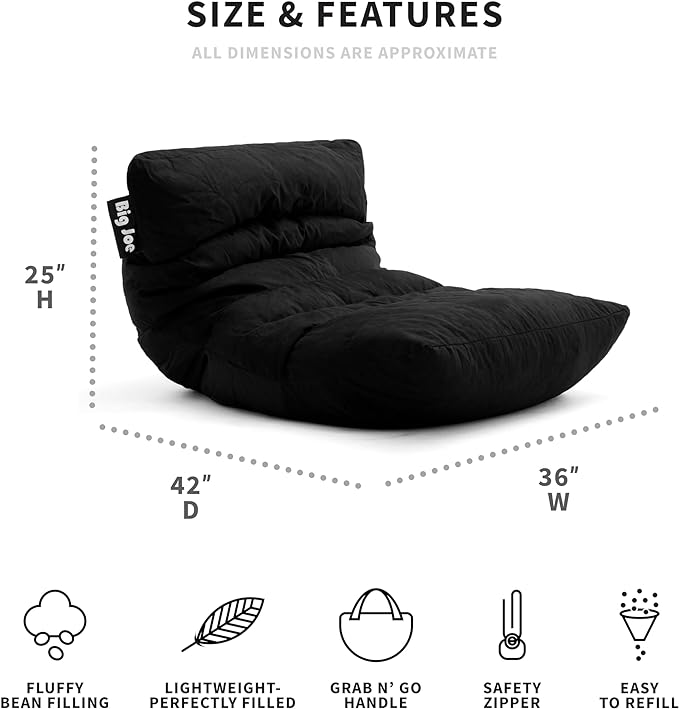 Big Joe Roma Bean Bag Chair, Black Plush, Soft Polyester, 3 feet - LeafyLoom