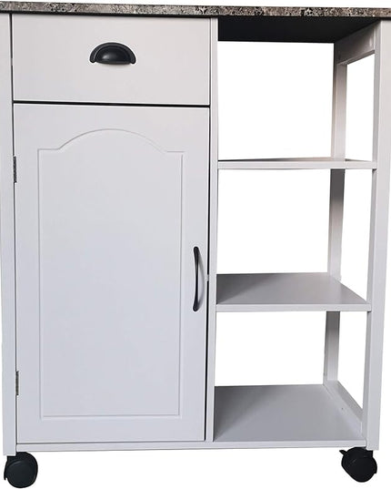 King's Brand White Finish Wood & Marble Vinyl Top Kitchen Storage Cabinet Cart - LeafyLoom