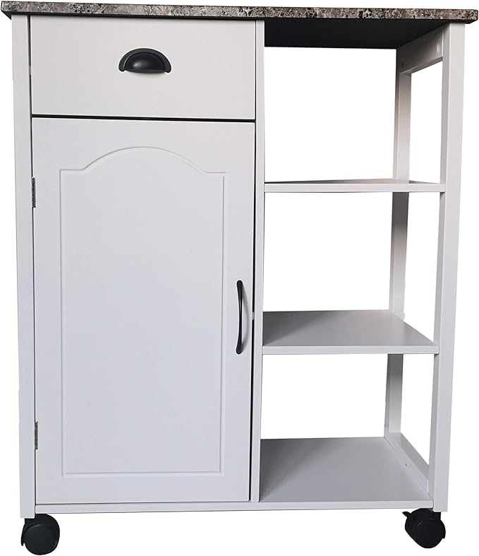 King's Brand White Finish Wood & Marble Vinyl Top Kitchen Storage Cabinet Cart - LeafyLoom