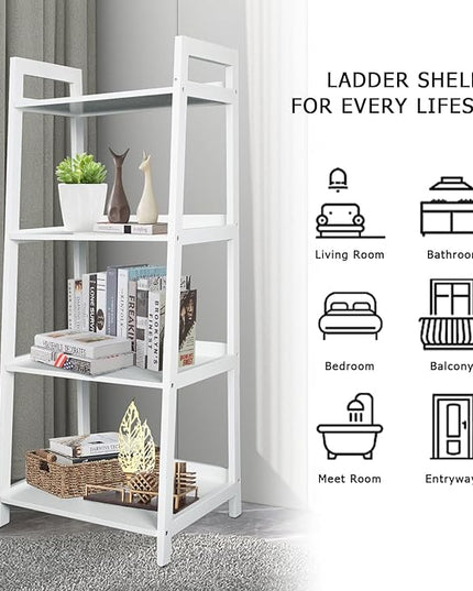 ECOMEX 4-Tier Ladder Shelf, Solid Pine Frame, 20 lbs Capacity per Partition, Modern Style, Home Office, Bedroom (White) - LeafyLoom