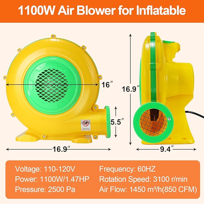 Bounce House Blower, 1100W 1.47HP Commercial Air Blower with Double-sided Fan Blade Design, Strong Wind and Great Heat Dissipation Properties for Large Bouncy Castle, Jump Slides, Arch - LeafyLoom