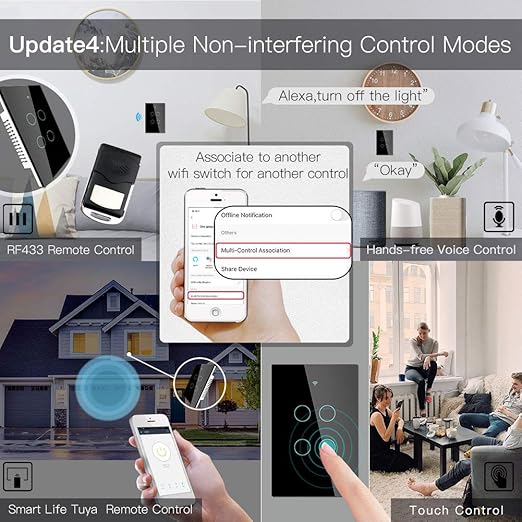 MOES 2.4GHz WiFi Wall Touch Smart Switch Neutral Wire Required, 3 Way Multi-Control, Glass Panel Light Switch Work with Smart Life/Tuya App, RF433 Remote Control, Alexa and Google Home Black 2 Gang MOES