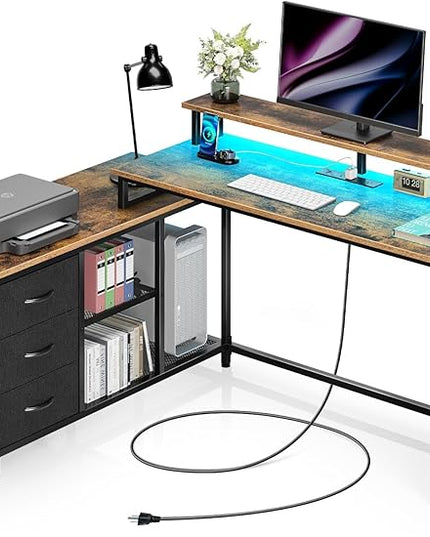 Seventable L Shaped Computer Desk with Drawers, Reversible Gaming Desk with LED Lights & Charging Port, Corner Desk with Storage Shelves & Monitor Stand for Home Office Rustic Brown - LeafyLoom