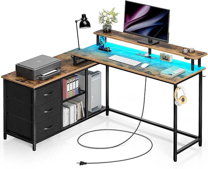 Seventable L Shaped Computer Desk with Drawers, Reversible Gaming Desk with LED Lights & Charging Port, Corner Desk with Storage Shelves & Monitor Stand for Home Office Rustic Brown - LeafyLoom