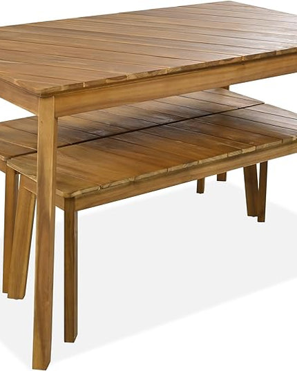 3-Pieces Patio Dining Set with Acacia Wood Tabletop and 2 Benches, Outdoor & Indoor Table and Chairs Furniture for Picnic Barbecue, Porch, Garden, Poolside, Onesize, Natural - LeafyLoom