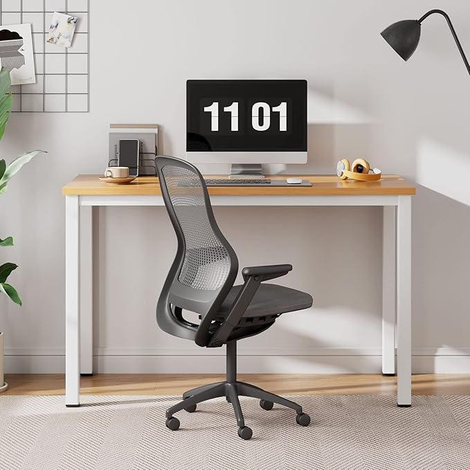 Need Small Desk, 39.4 inches Sturdy Writing Desk for Small Spaces, Small Computer Desk Teens Desk Study Table Laptop Desk Home Ofice Desk, White Metal Frame, Teak - LeafyLoom