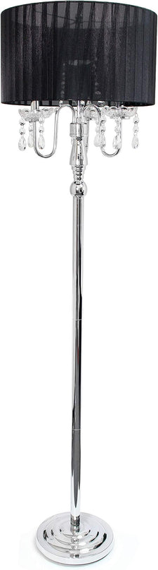 Elegant Designs LF1002-BLK Trendy Romantic Sheer Shade Hanging Crystals, Black Floor Lamp - LeafyLoom