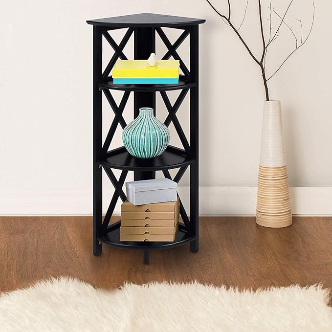 Casual Home Montego 3-Shelf Corner Folding Bookcase with Mantel Top, Black - LeafyLoom