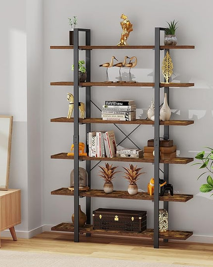 FRAPOW Bookshelf, 6 Tier Book Shelf 83Inch Tall Bookcase, Industrial Large Bookshelves Rustic Book Case with Open Metal Frame for Office, Bedroom, Farmhouse, Living Room - LeafyLoom